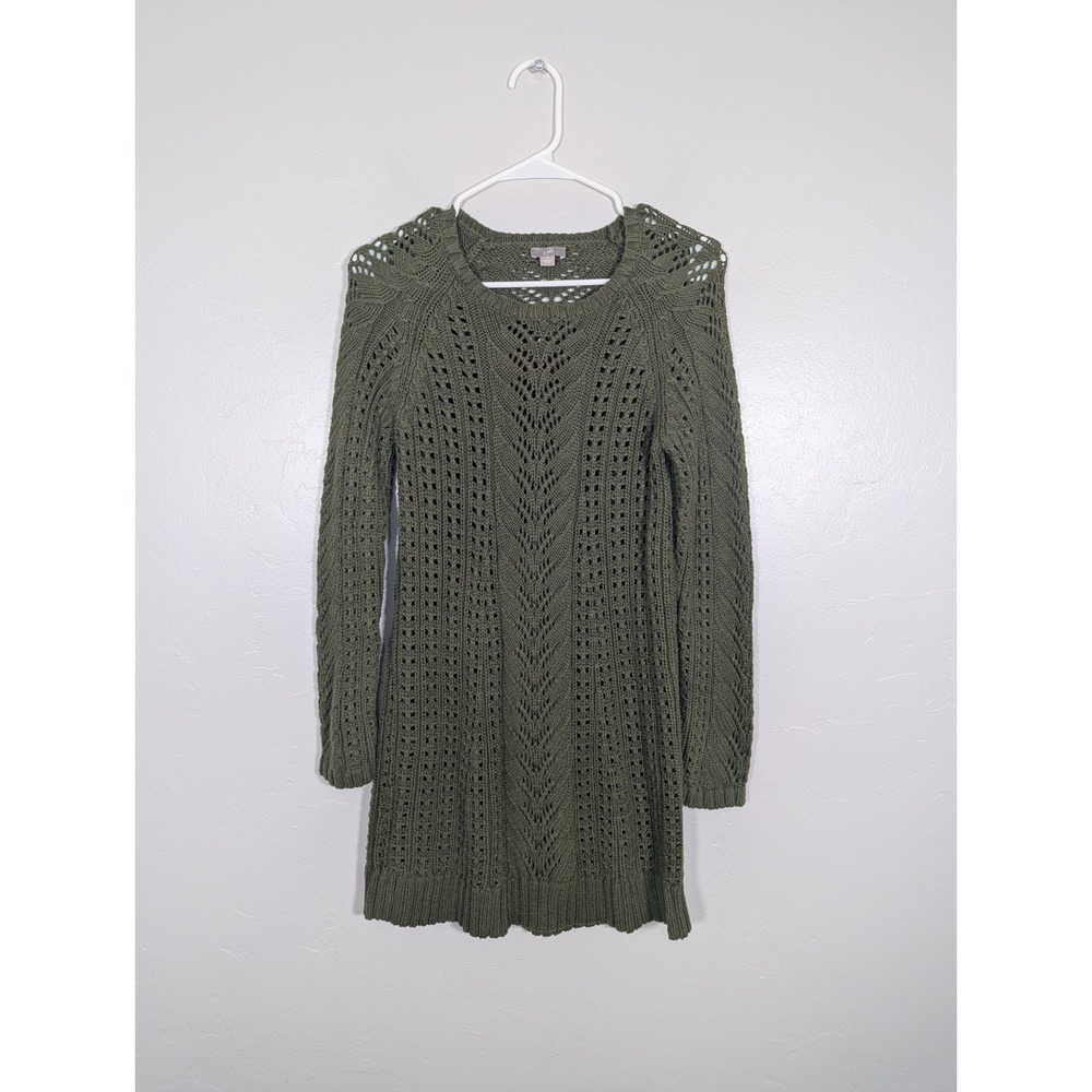 J Jill Women's Sweater S Green Cable Knit Tunic  Pointelle beachy Spring